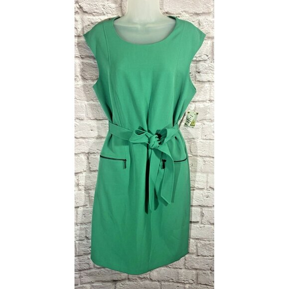 NEW Kasper Size 14 Dress Sleeveless Sheath Bright Jade Green Belted Pockets - Picture 1 of 15